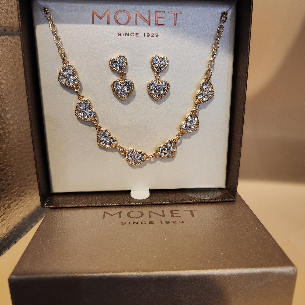 Monet Gold Heart Crystal Necklace and Stud Earring Set